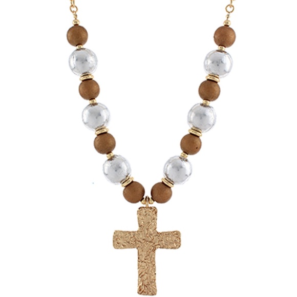 Hammered Cross Woodball Necklace - Picture 2 of 2